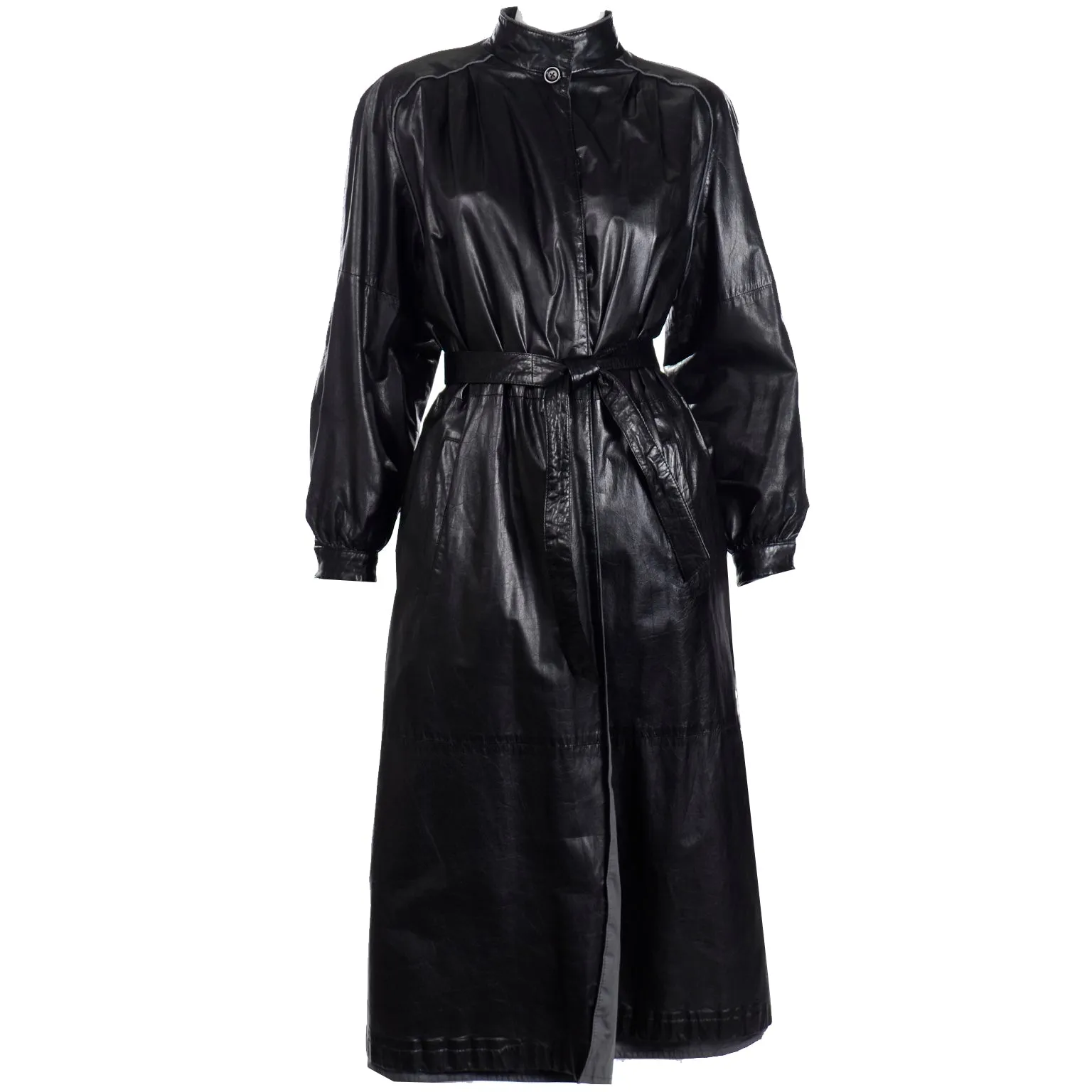 1990s Reversible Black Leather Coat With Belt Made in Germany