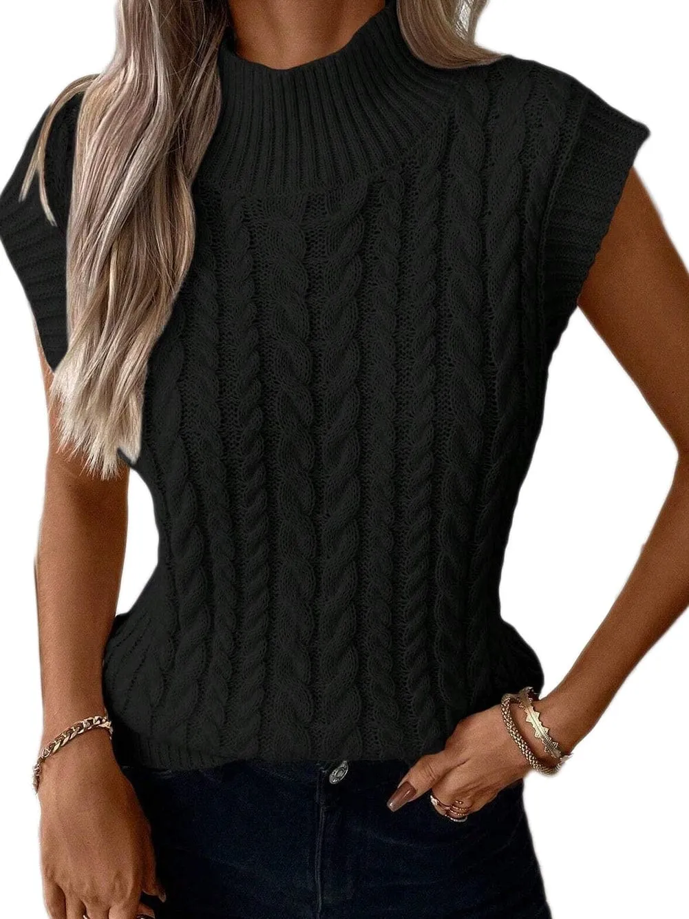 Black Cable Knit Sleeveless High Neck Sweater Vest