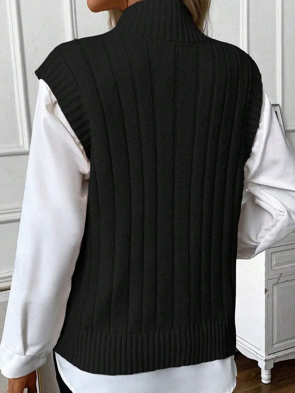 Black Cable Knit Sleeveless High Neck Sweater Vest