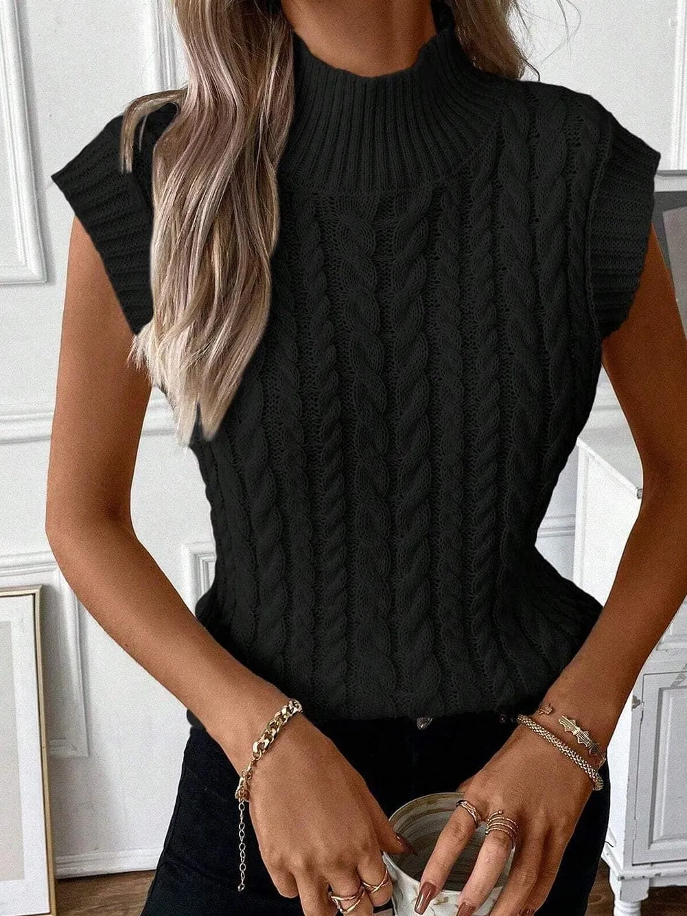 Black Cable Knit Sleeveless High Neck Sweater Vest