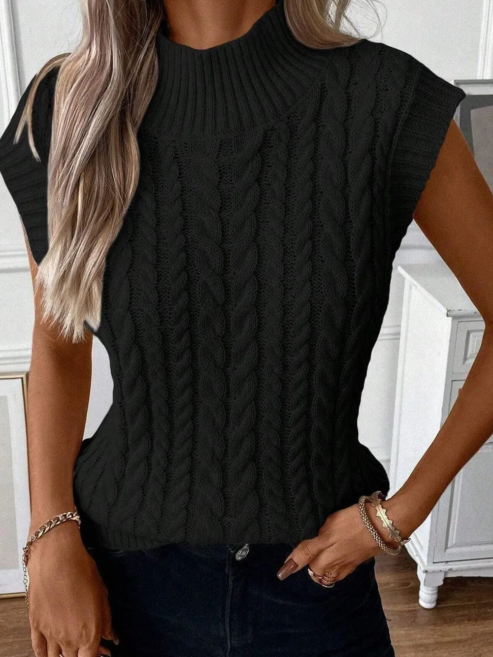 Black Cable Knit Sleeveless High Neck Sweater Vest