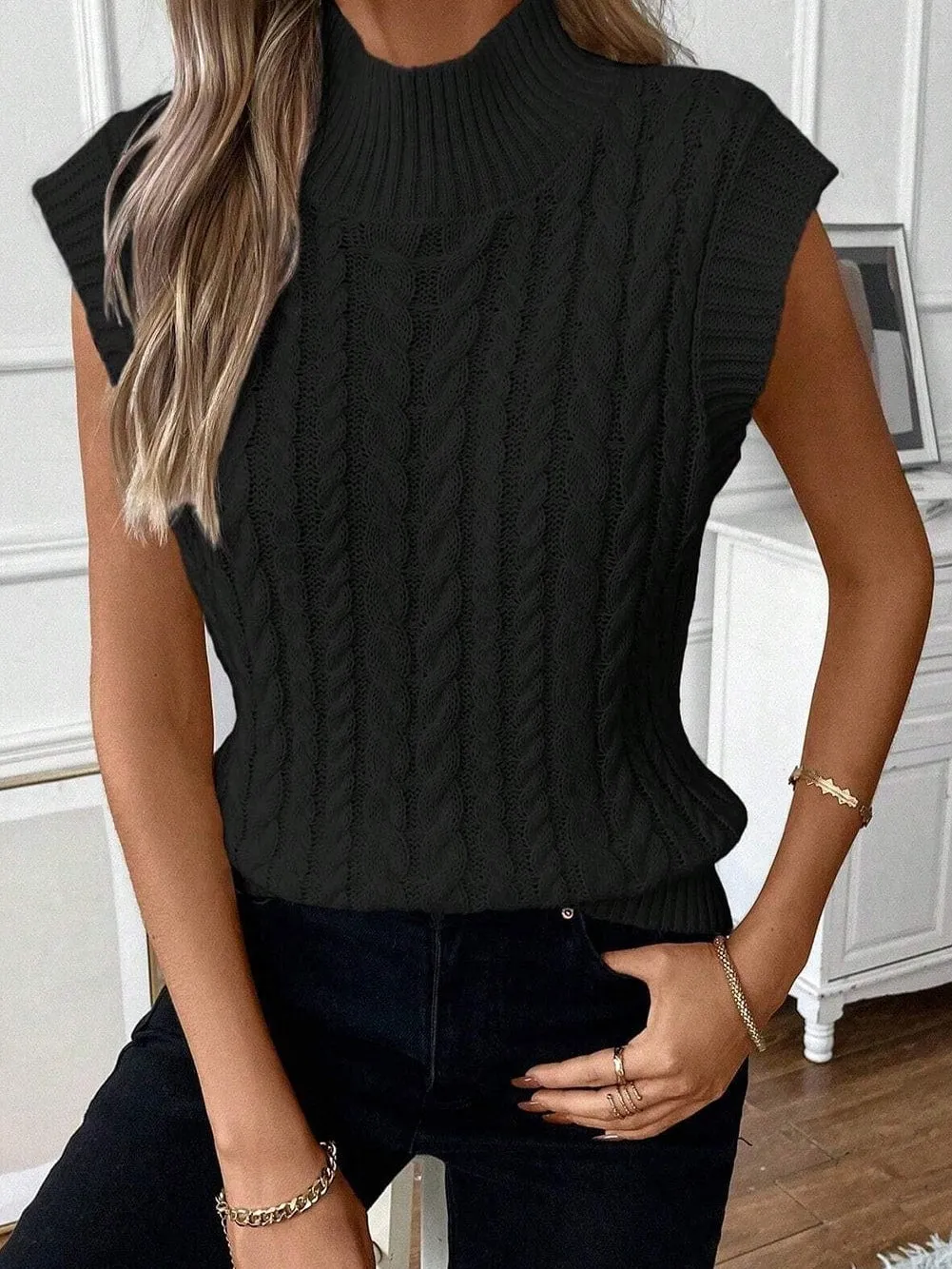 Black Cable Knit Sleeveless High Neck Sweater Vest