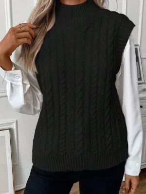 Black Cable Knit Sleeveless High Neck Sweater Vest