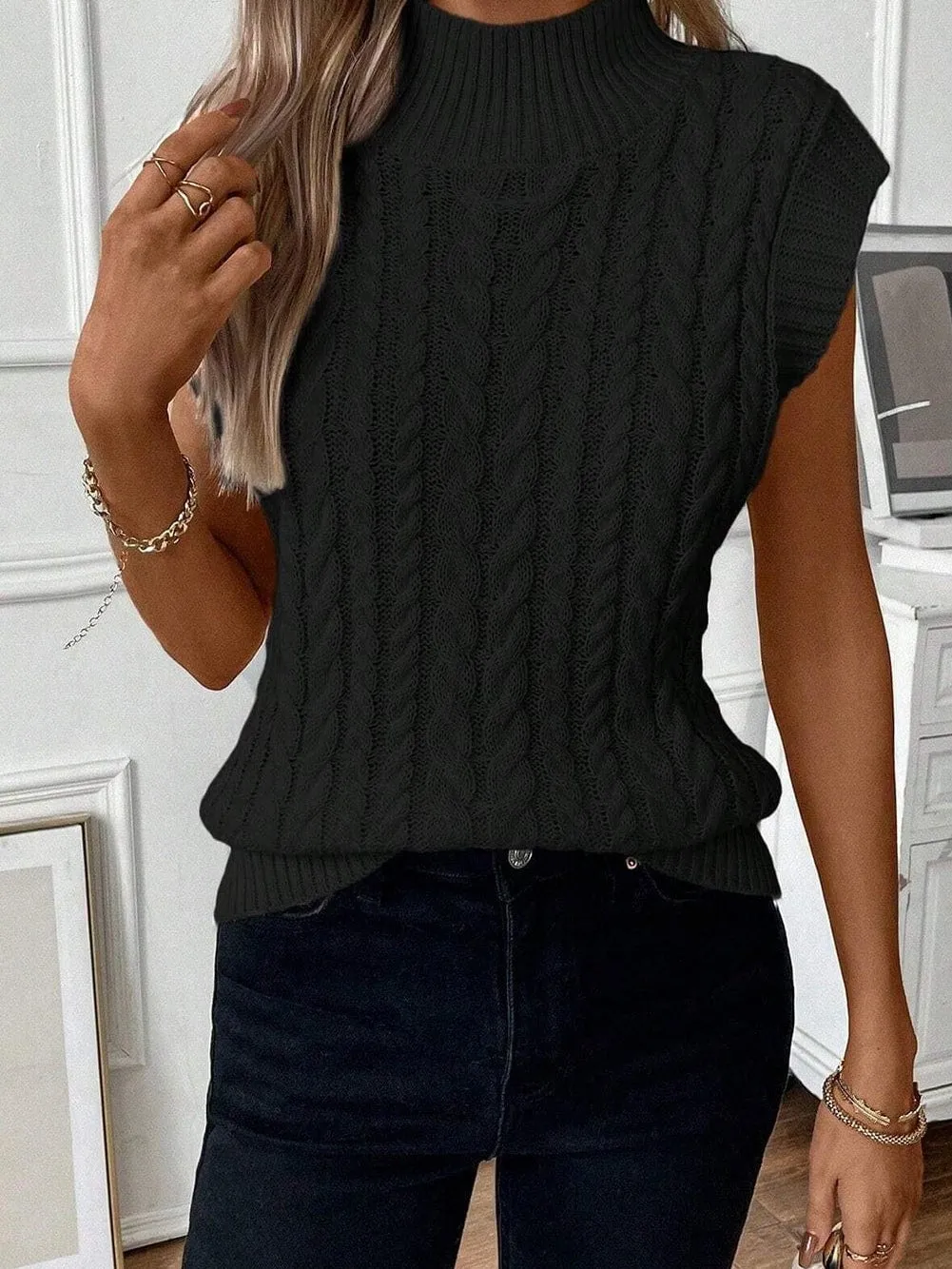 Black Cable Knit Sleeveless High Neck Sweater Vest