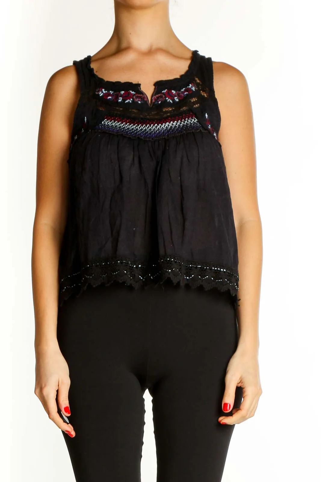 Black Embroidered Boho Tank Top