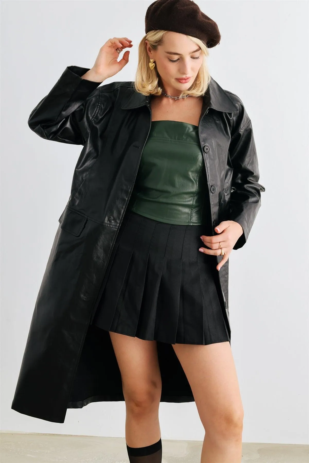 Black Faux Leather Button-Up Two Pocket Coat /1-2-2-1