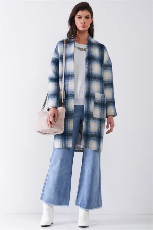 Blue Madras Check Plaid Open Front Long Sleeve Straight Wool Coat Jacket /2-2-2