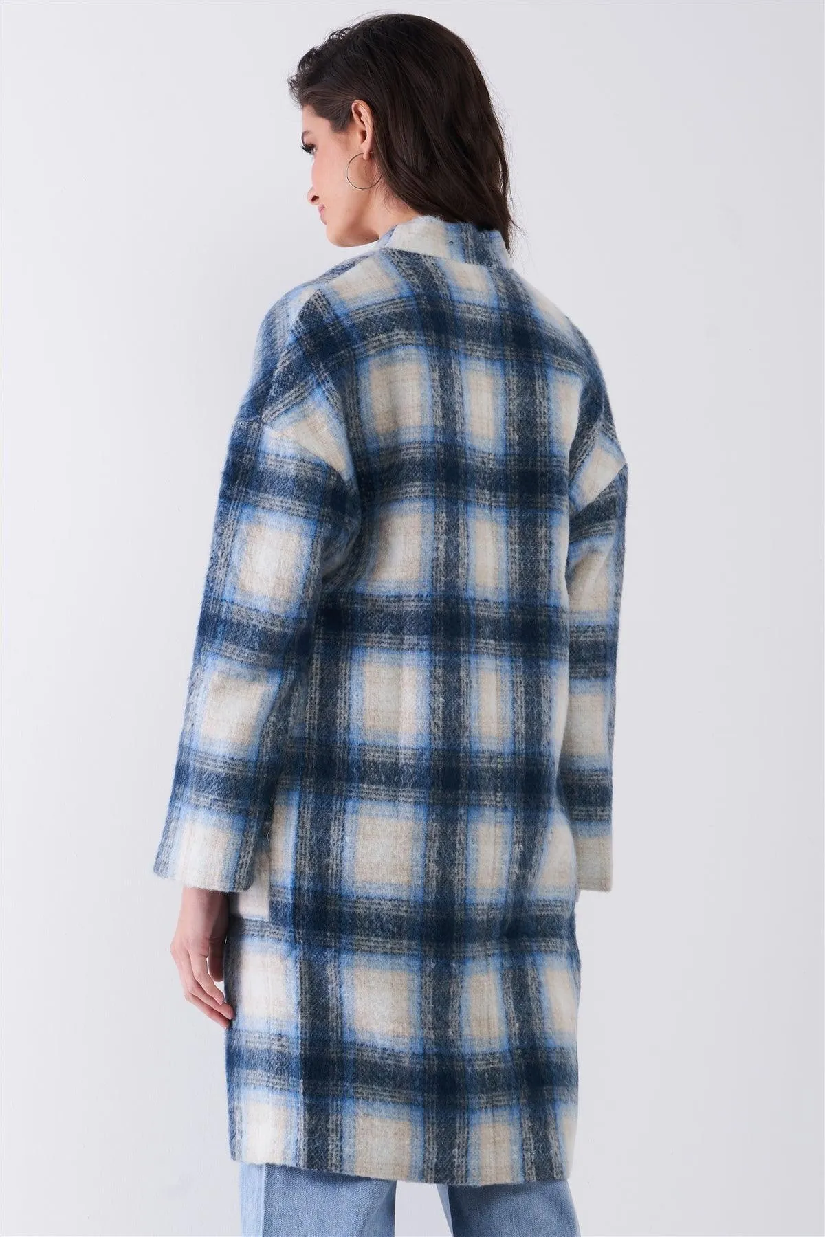 Blue Madras Check Plaid Open Front Long Sleeve Straight Wool Coat Jacket /2-2-2