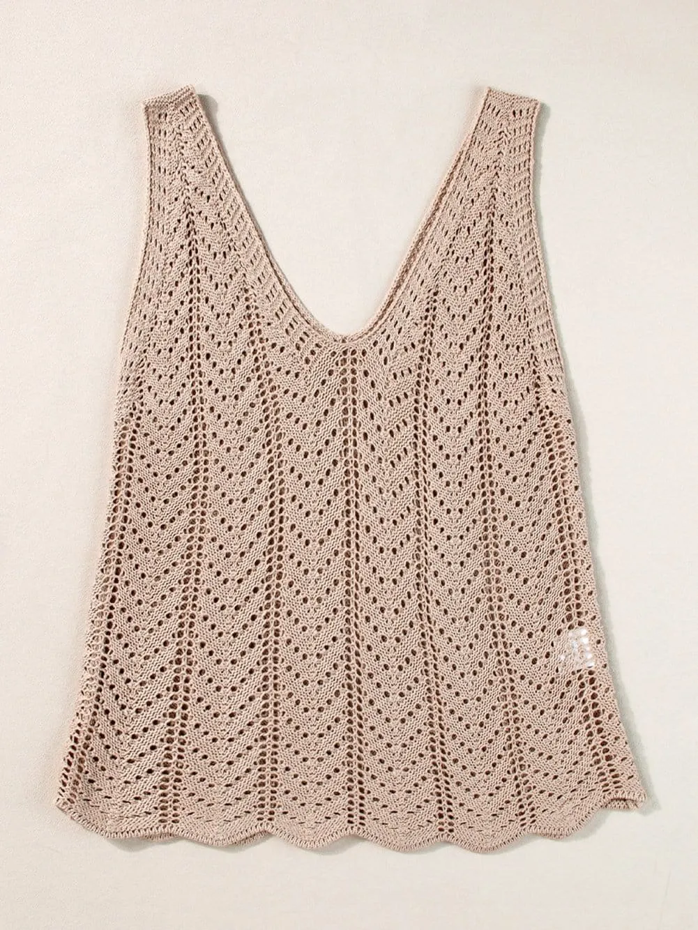 Boho-Chic Pale Khaki Crochet Knit V Neck Sweater Vest