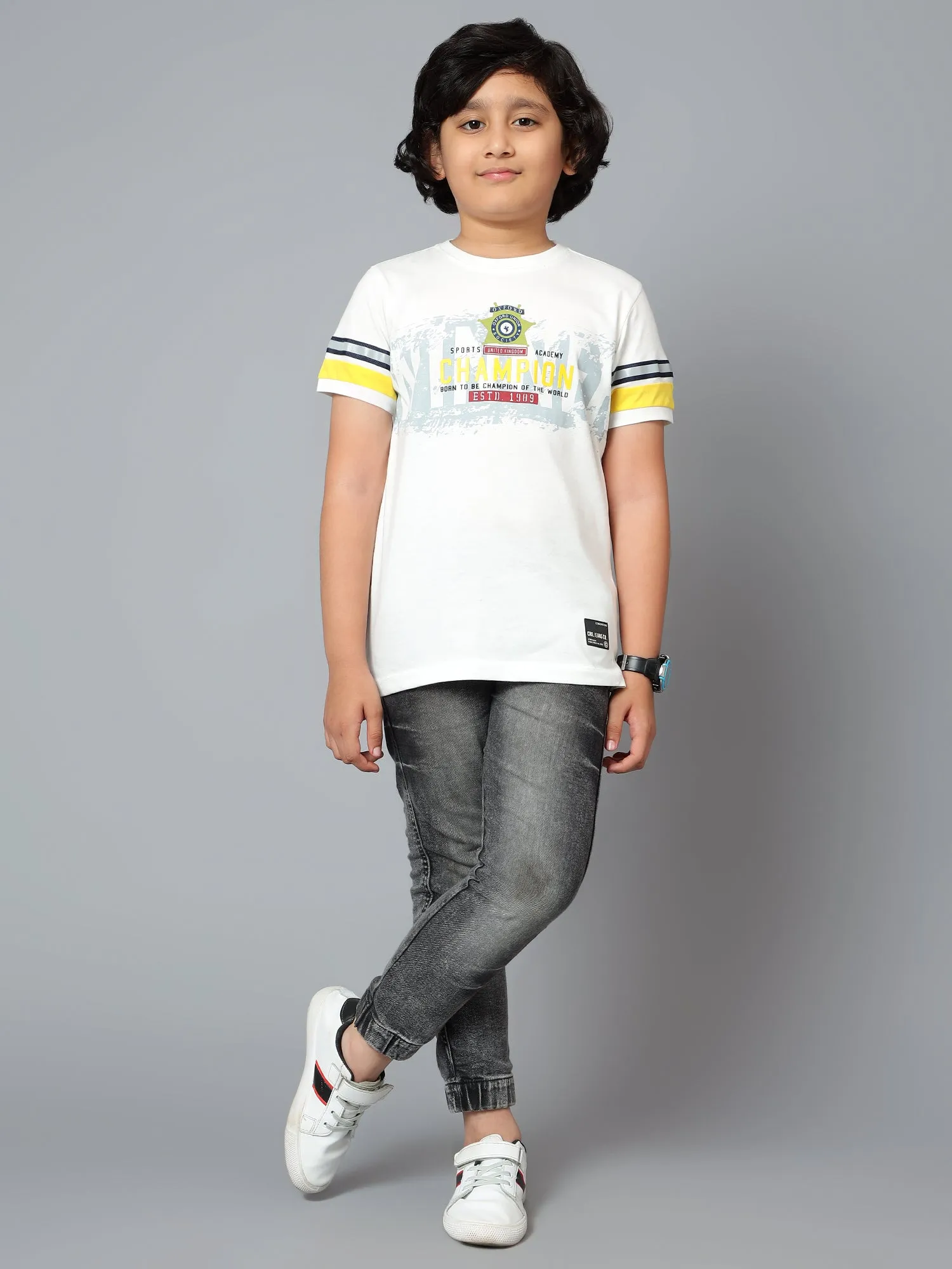 Boys Casual White Half Sleeve color block  T-Shirt