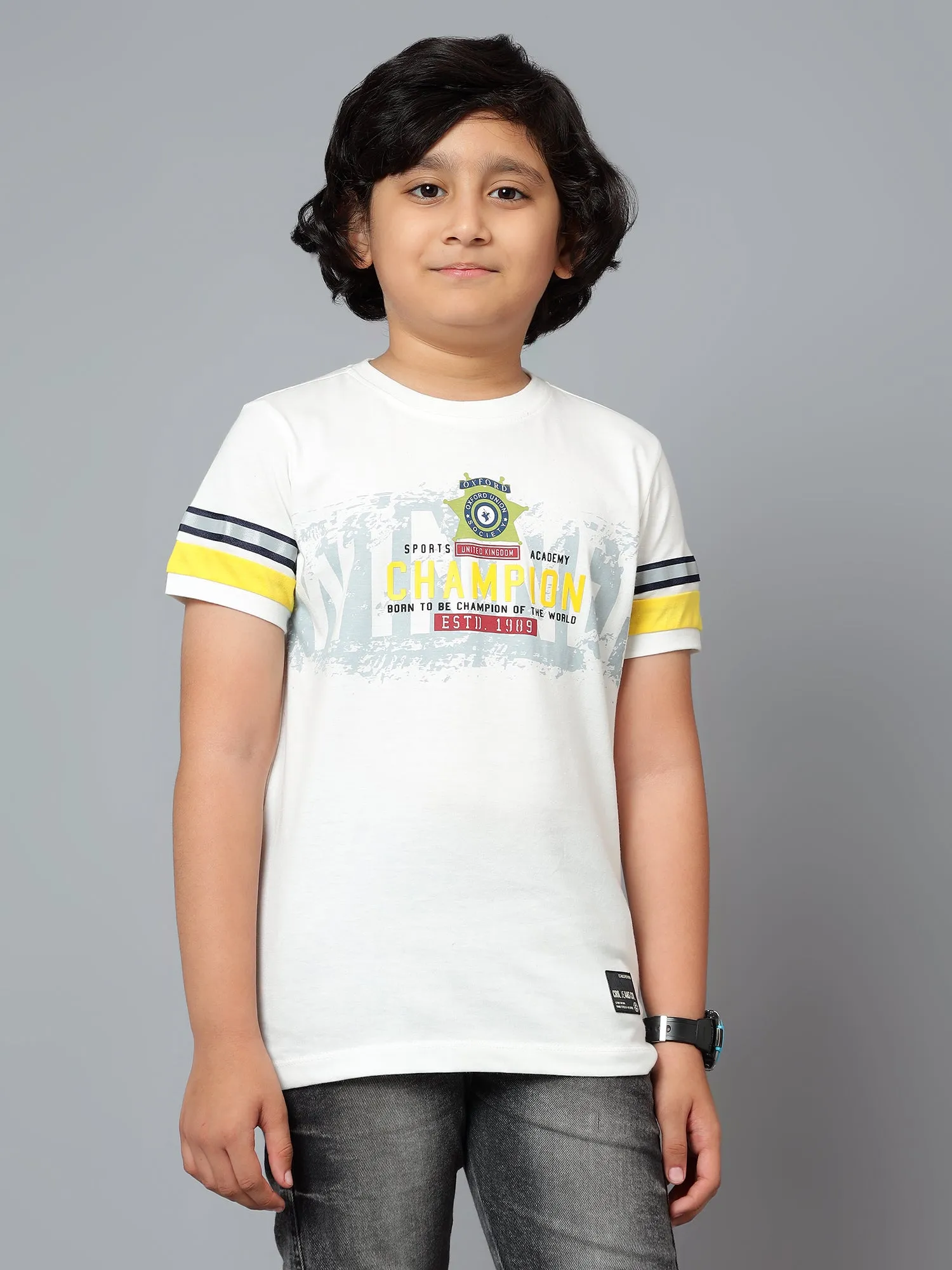 Boys Casual White Half Sleeve color block  T-Shirt