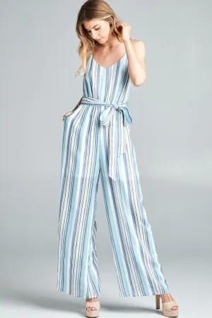 by Nu Label Tie Front Striped Sleeveless Jumpsuit