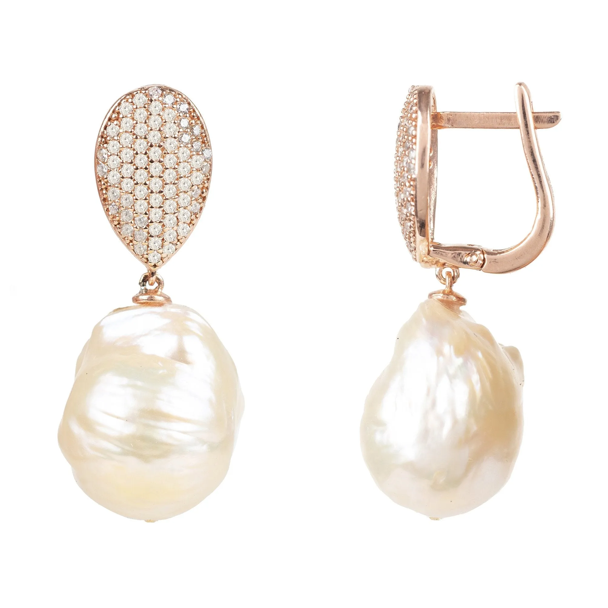 Classic Baroque Pearl CZ Drop Earrings Rosegold