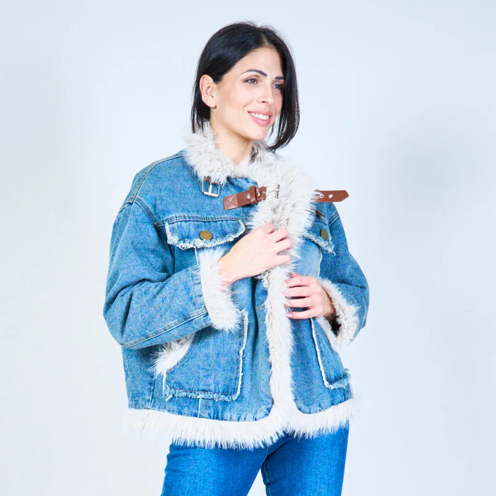 Denim jacket with faux fur trim wholesale