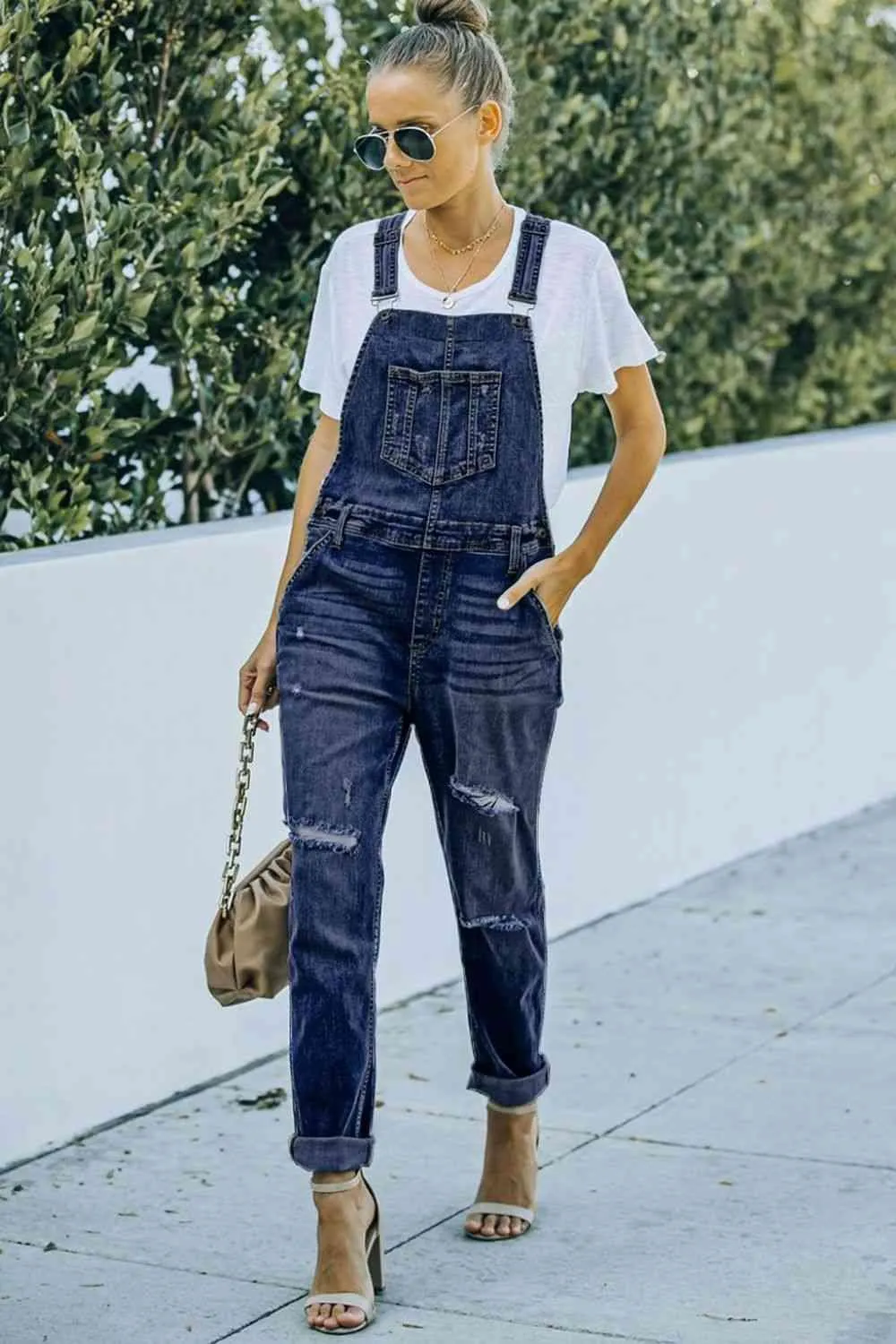 Distressed Acid Wash Denim Overalls with Functional Pockets