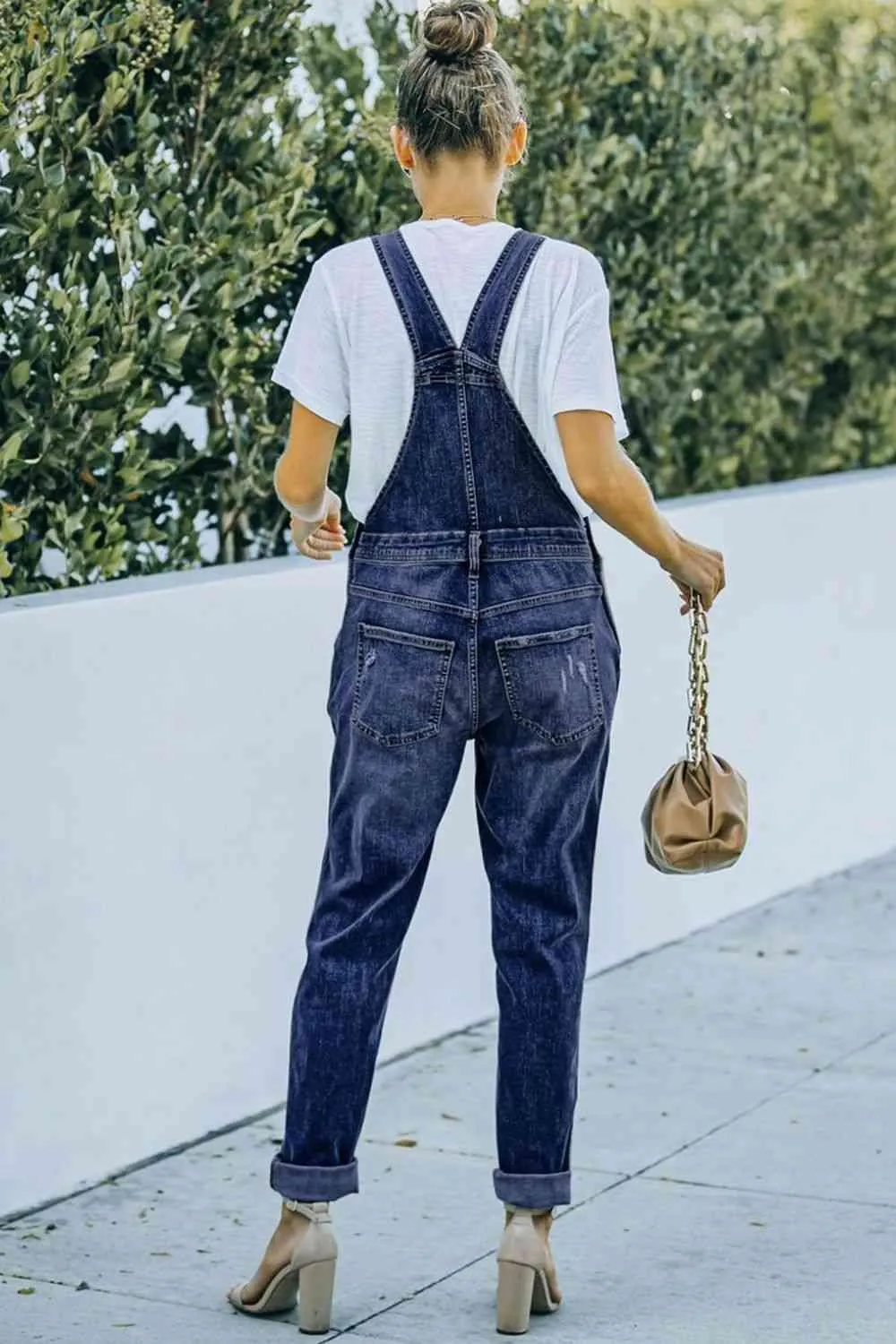 Distressed Acid Wash Denim Overalls with Functional Pockets