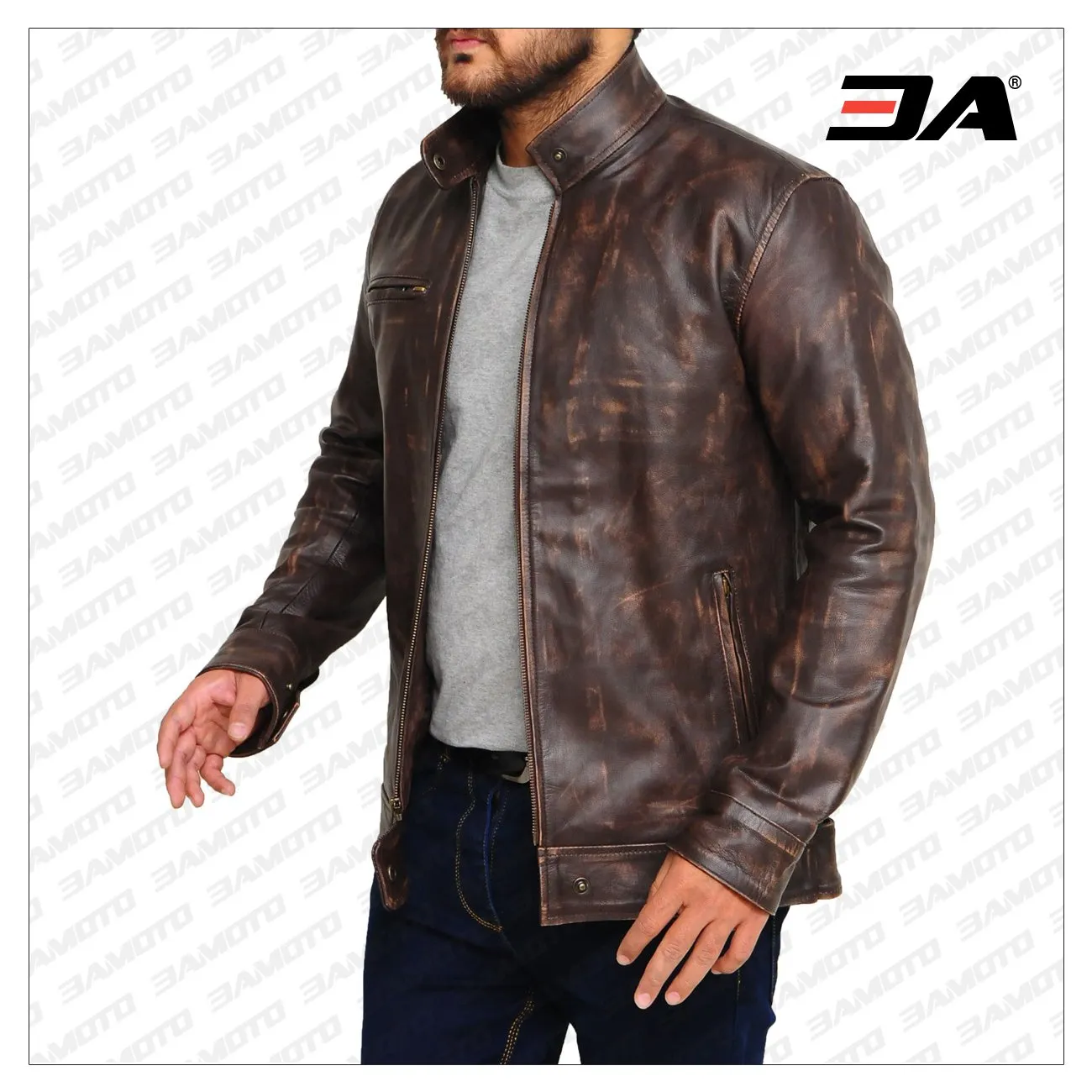 Distressed Brown Snap Tab Leather Jacket