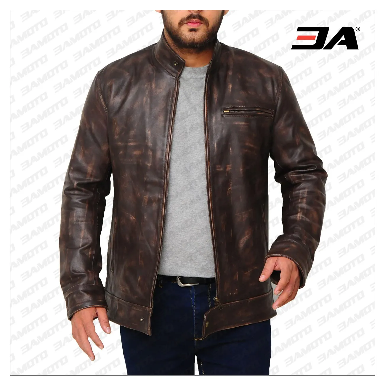 Distressed Brown Snap Tab Leather Jacket