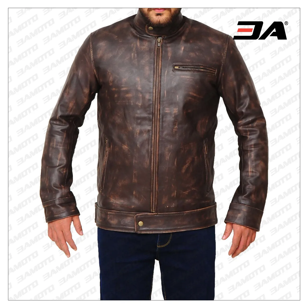 Distressed Brown Snap Tab Leather Jacket