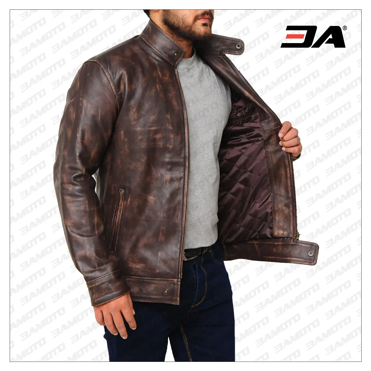 Distressed Brown Snap Tab Leather Jacket