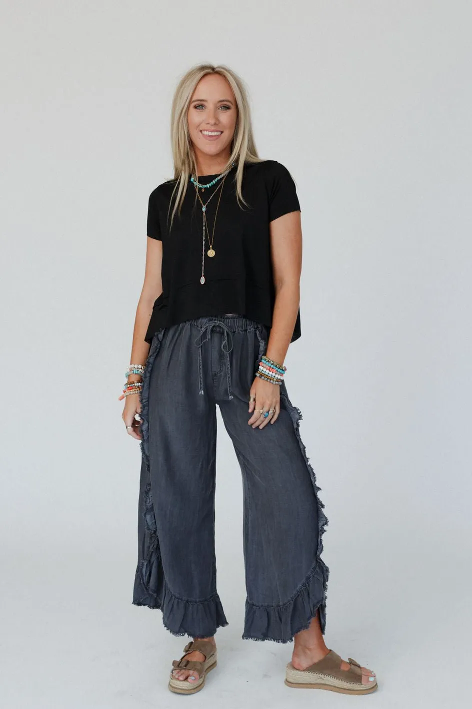 Drift Wave Ruffle Wide Leg Pants - Black