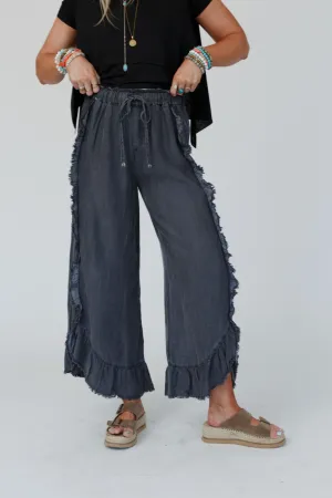 Drift Wave Ruffle Wide Leg Pants - Black