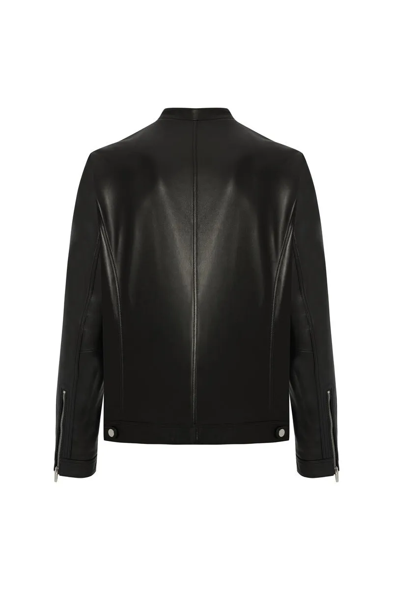 Enzo Men's Leather Racer Jacket - Black