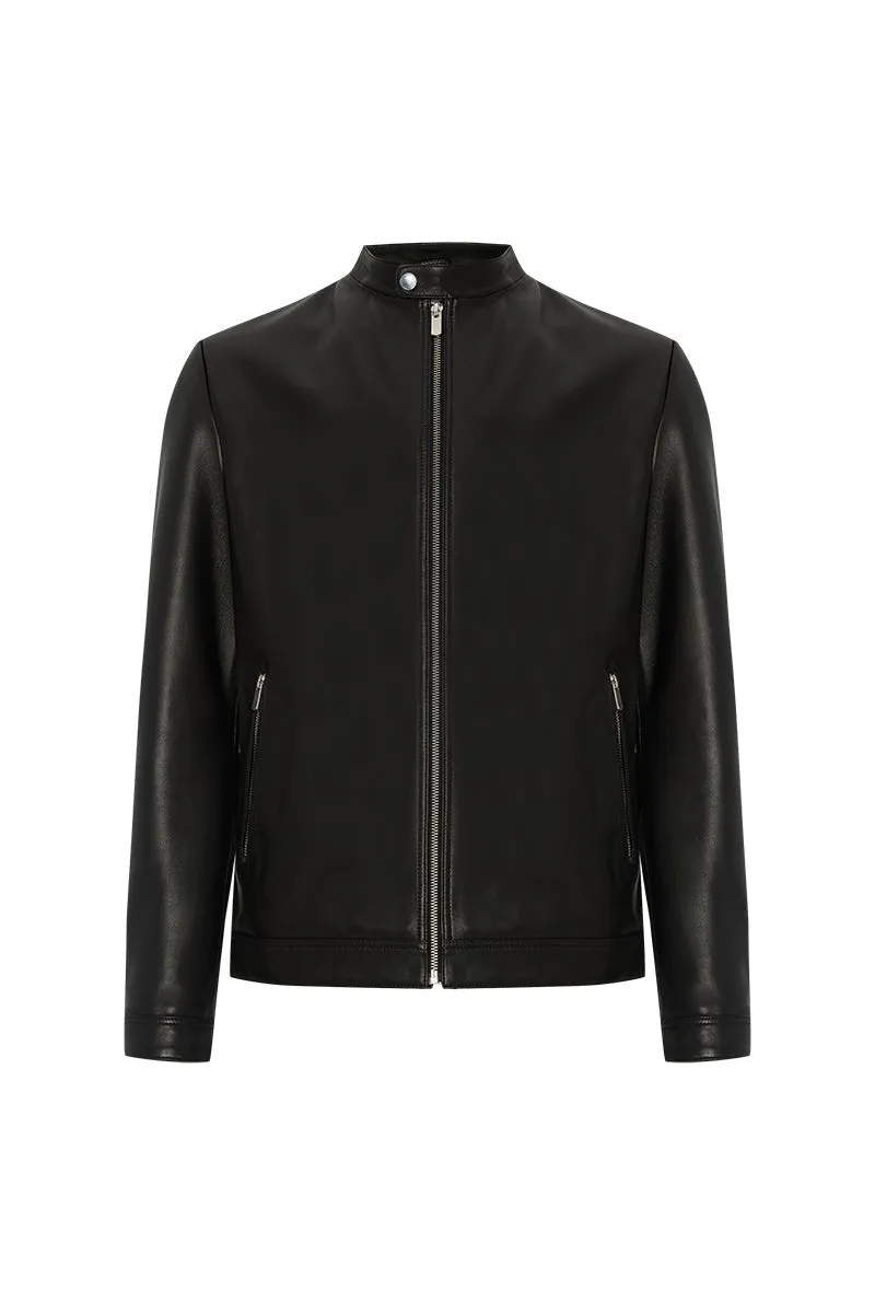 Enzo Men's Leather Racer Jacket - Black