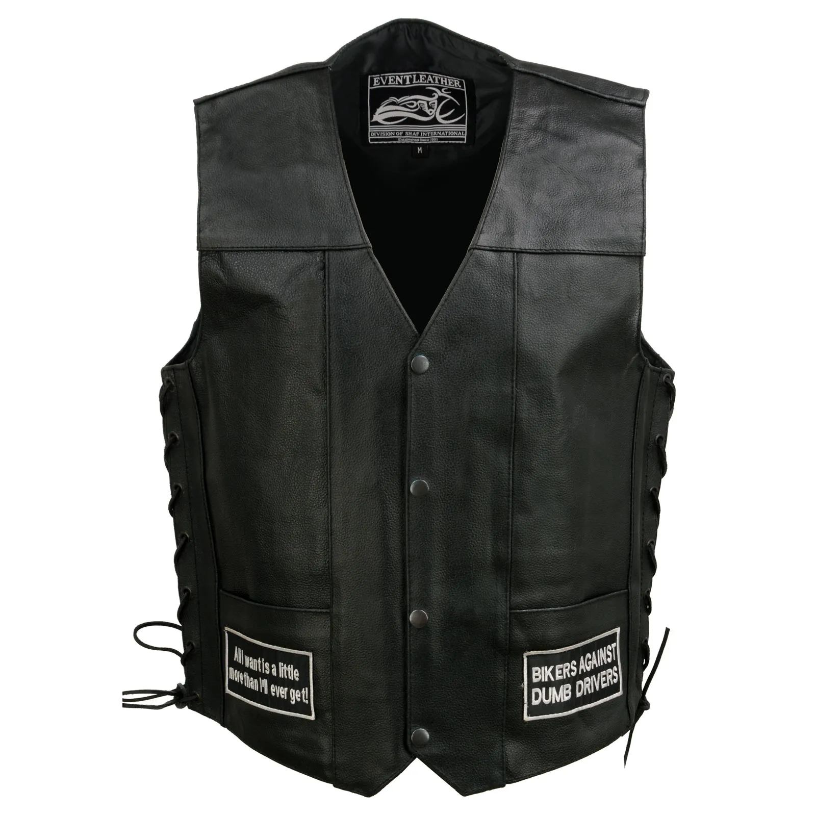 Event Leather ELM3925 Black Motorcycle Leather Vest for Men w/ Patches - Riding Club Adult Motorcycle Vests