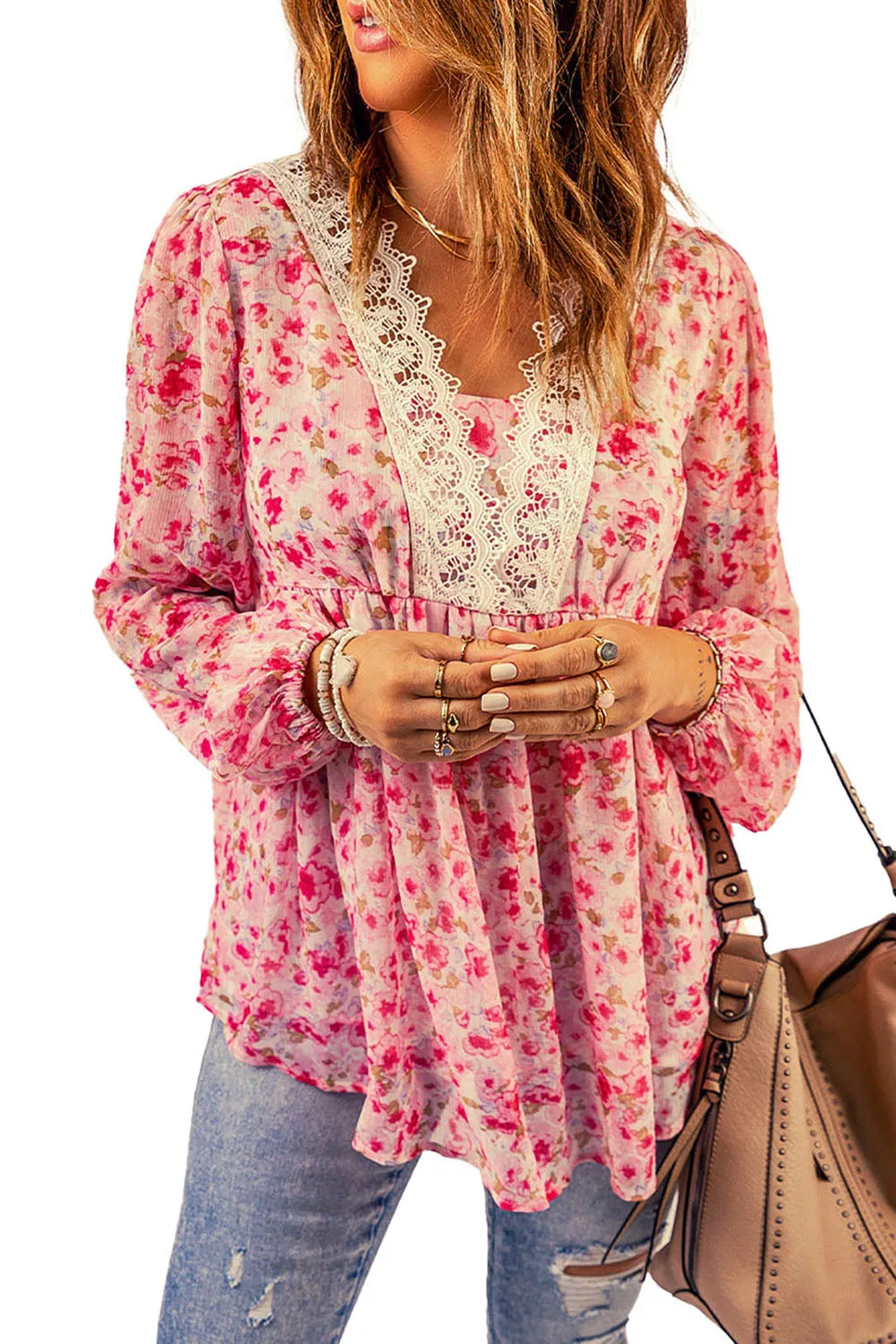 Floral Lace Trim Boho Blouse