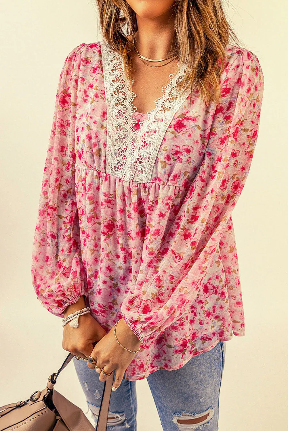 Floral Lace Trim Boho Blouse