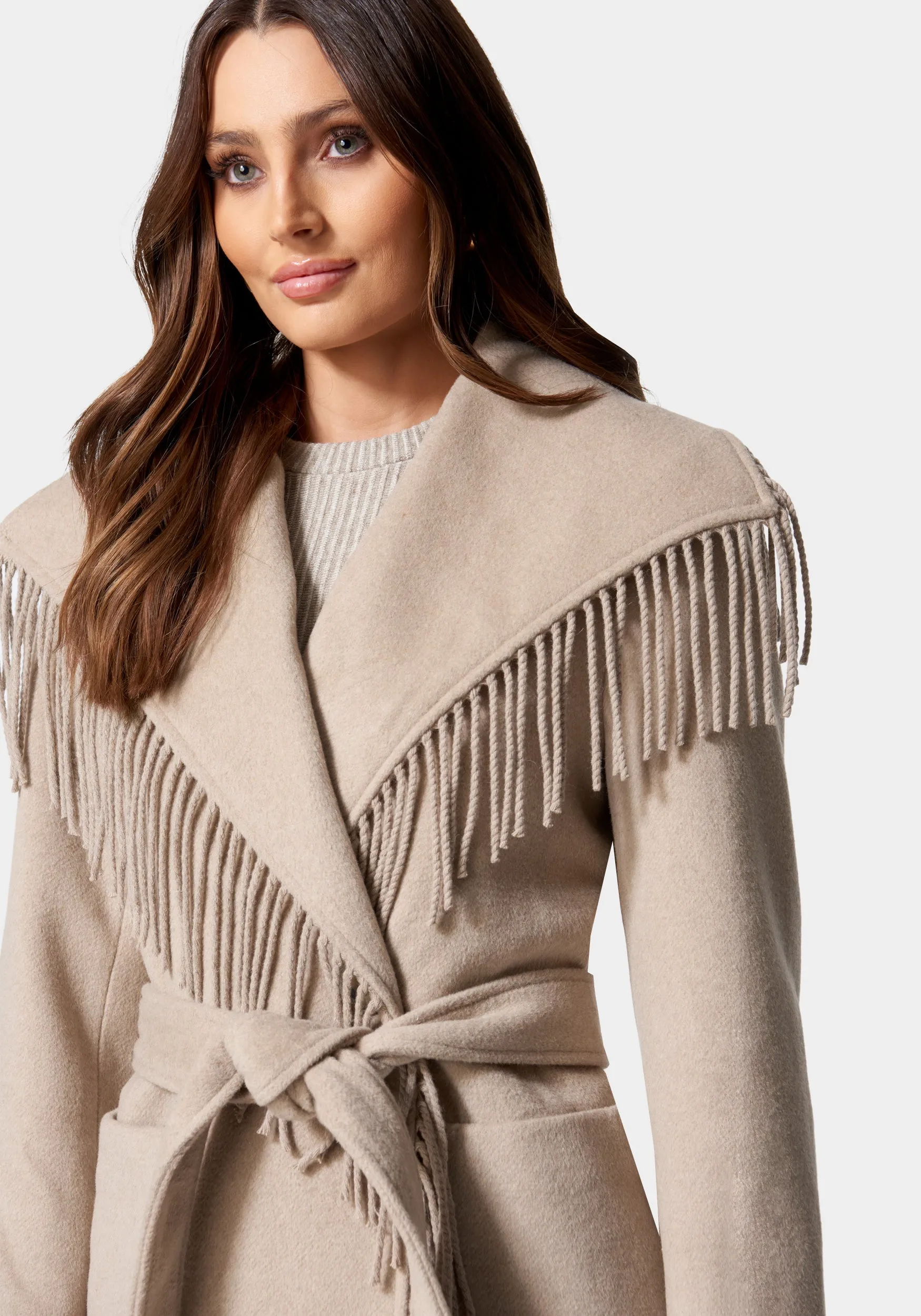 Fringe Detail Tie Waist Wrap Coat