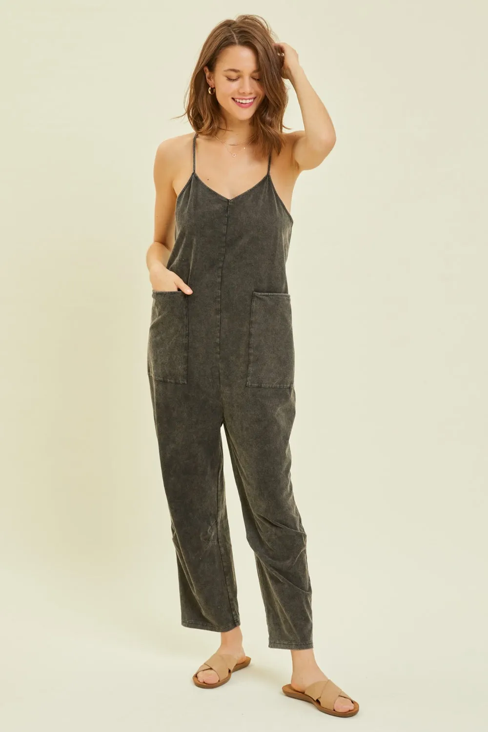 Full Size Mineral-Washed Oversized Jumpsuit with Pockets