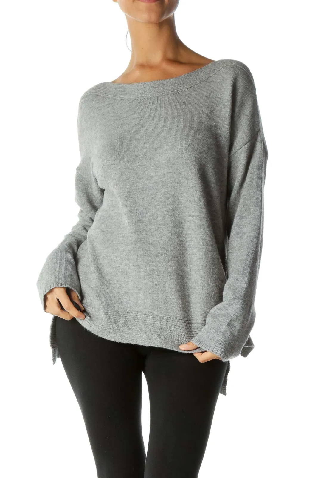 Gray Boat Neck Soft Stretch Pull-On Sweater