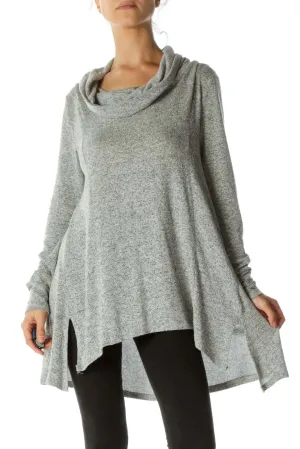 Gray Mottled Print Cowl Neck Soft Long Sleeve Sweater