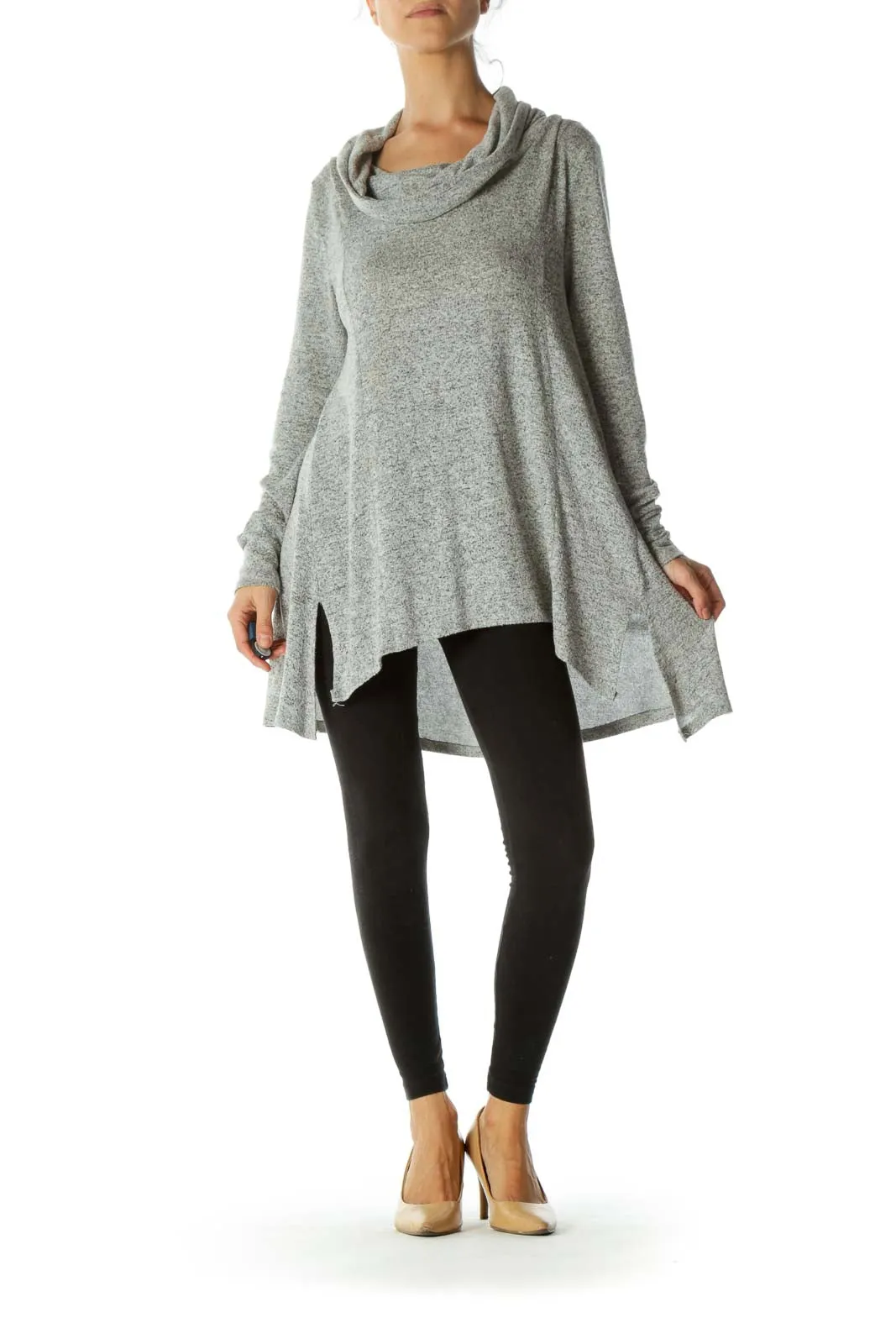 Gray Mottled Print Cowl Neck Soft Long Sleeve Sweater