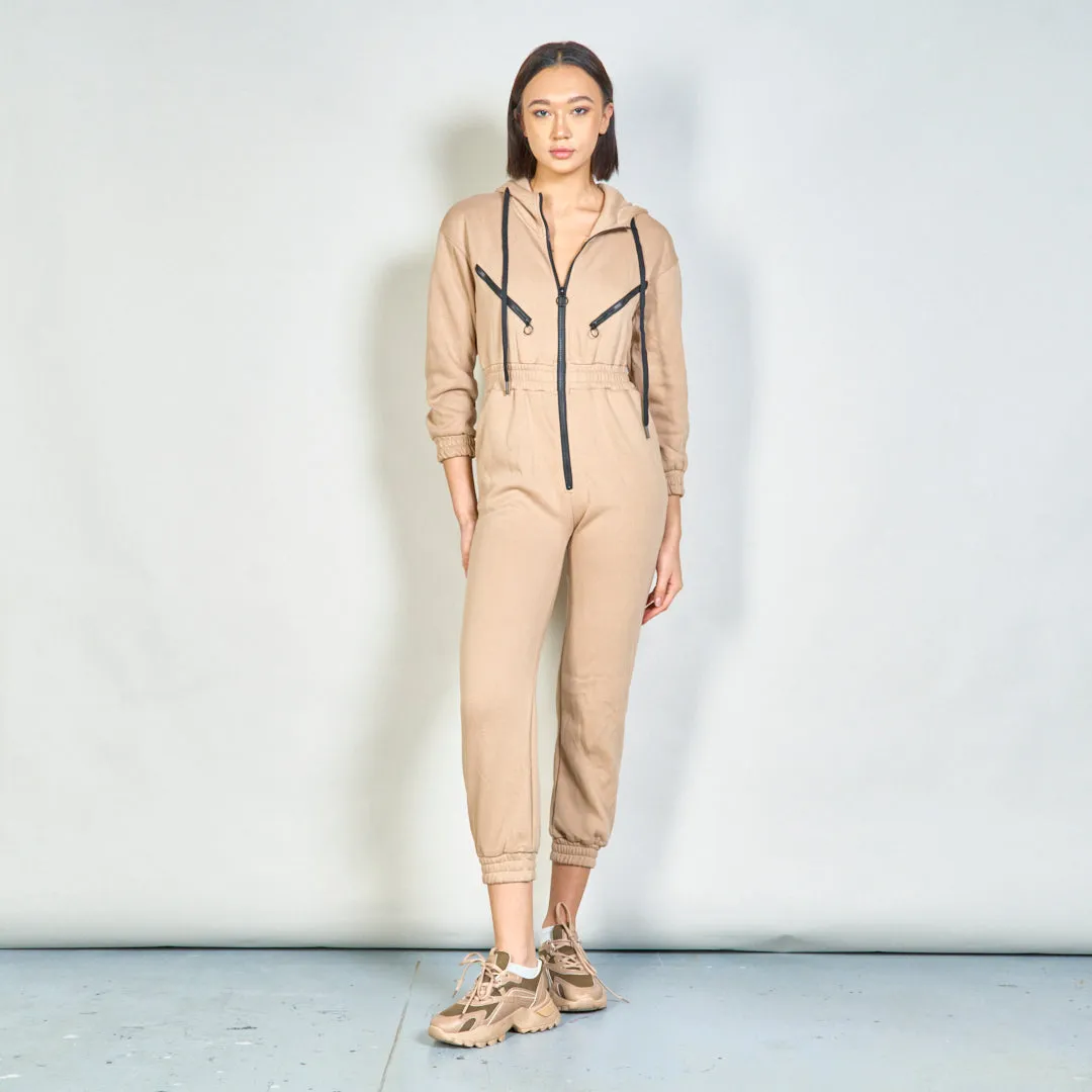 Hooded zip-up jumpsuit with drawstrings wholesale