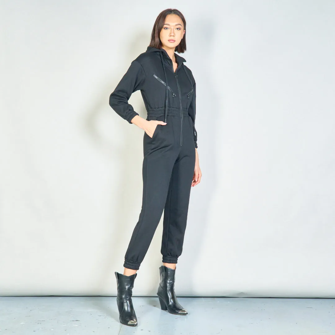 Hooded zip-up jumpsuit with drawstrings wholesale