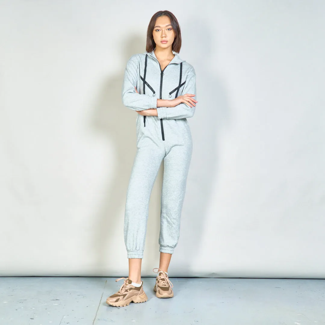 Hooded zip-up jumpsuit with drawstrings wholesale