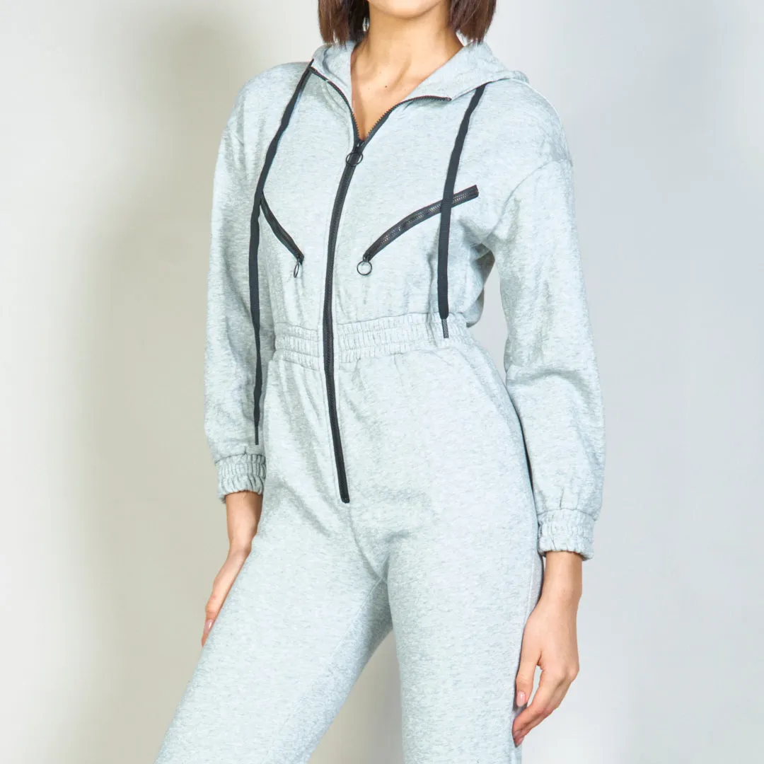 Hooded zip-up jumpsuit with drawstrings wholesale