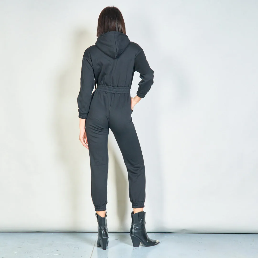 Hooded zip-up jumpsuit with drawstrings wholesale