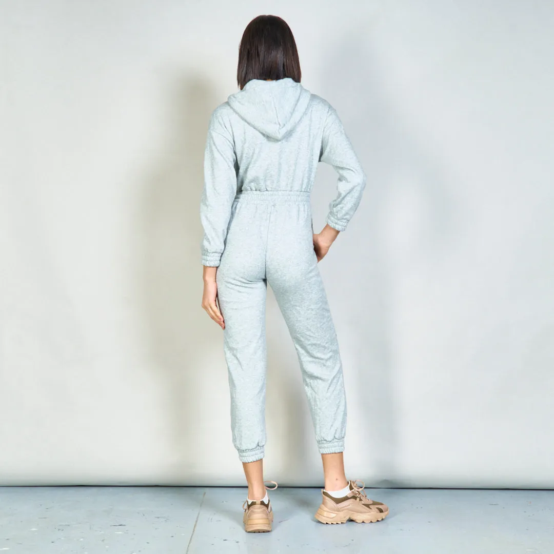 Hooded zip-up jumpsuit with drawstrings wholesale