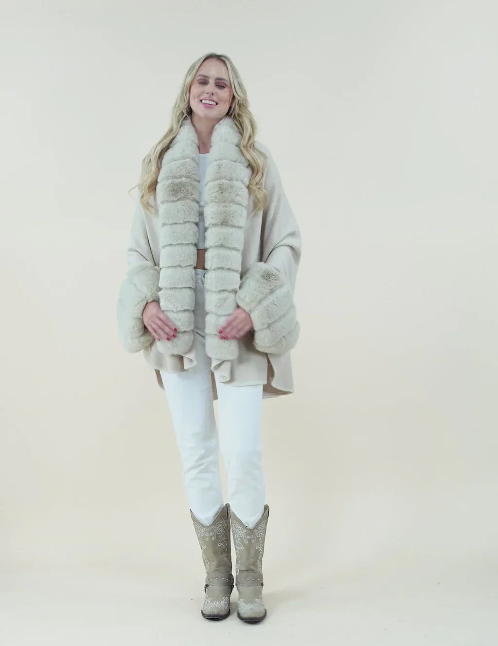 Ivory/Beige Faux Fur Shawl Coat