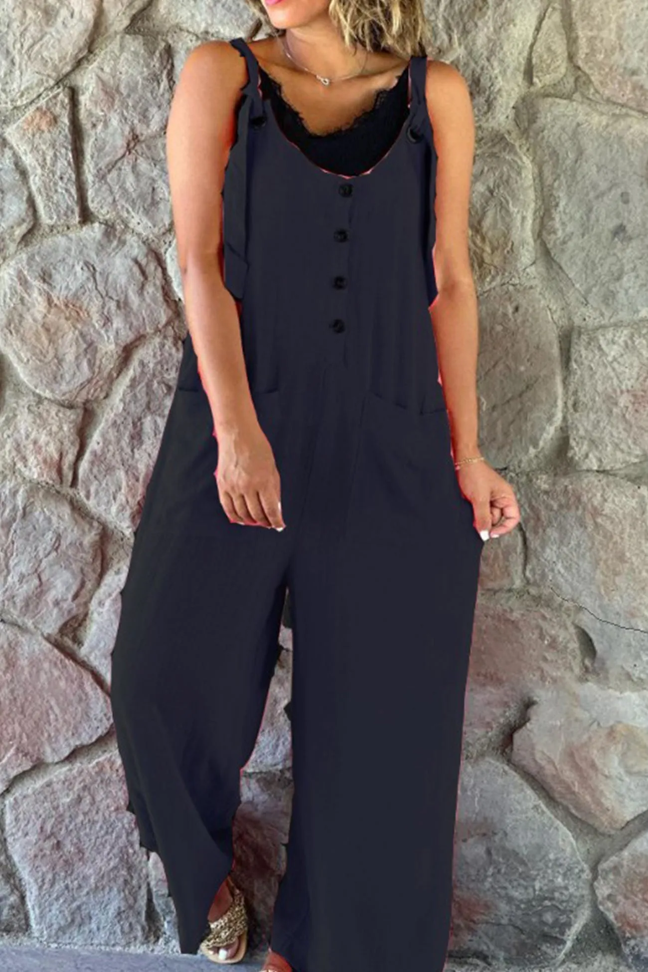 Ivyshape | Button Straps Solid Jumpsuits