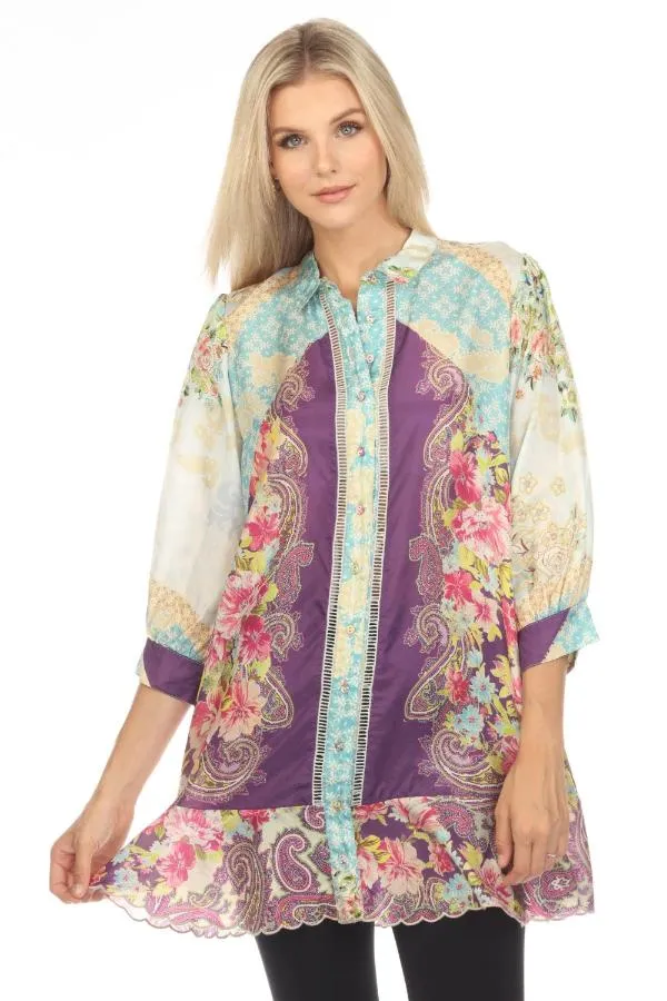 Johnny Was Bylexi Sedena Silk Floral Paisley Tunic Top C25023