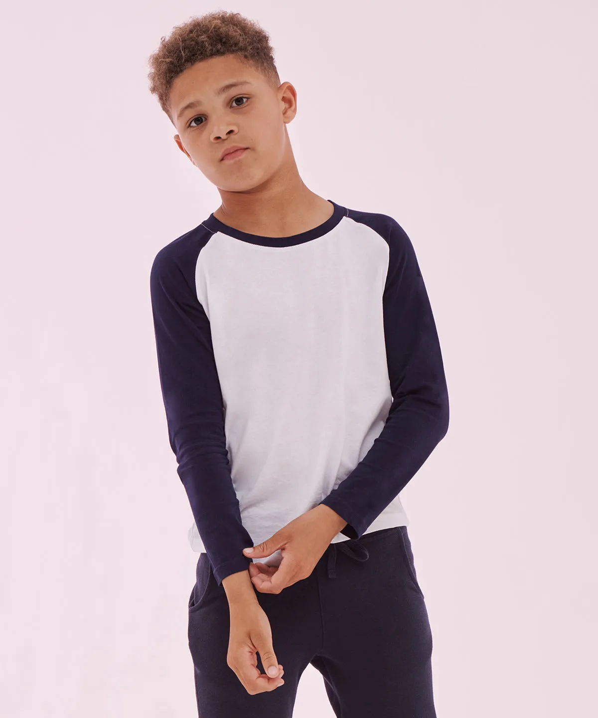 Kids long sleeve baseball T | White/Oxford Navy