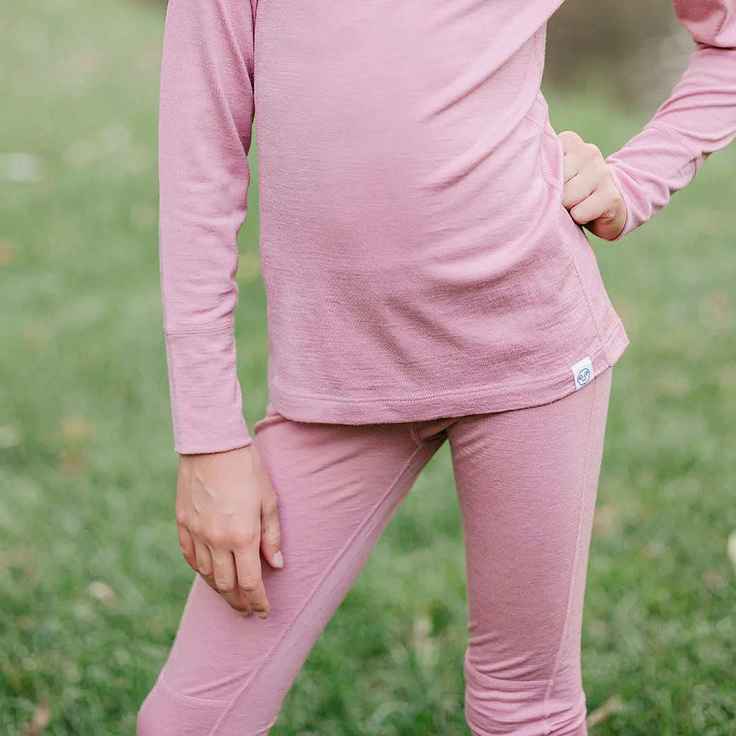 Kids Merino Wool Base Layer, Long Sleeve Top, Blush Pink