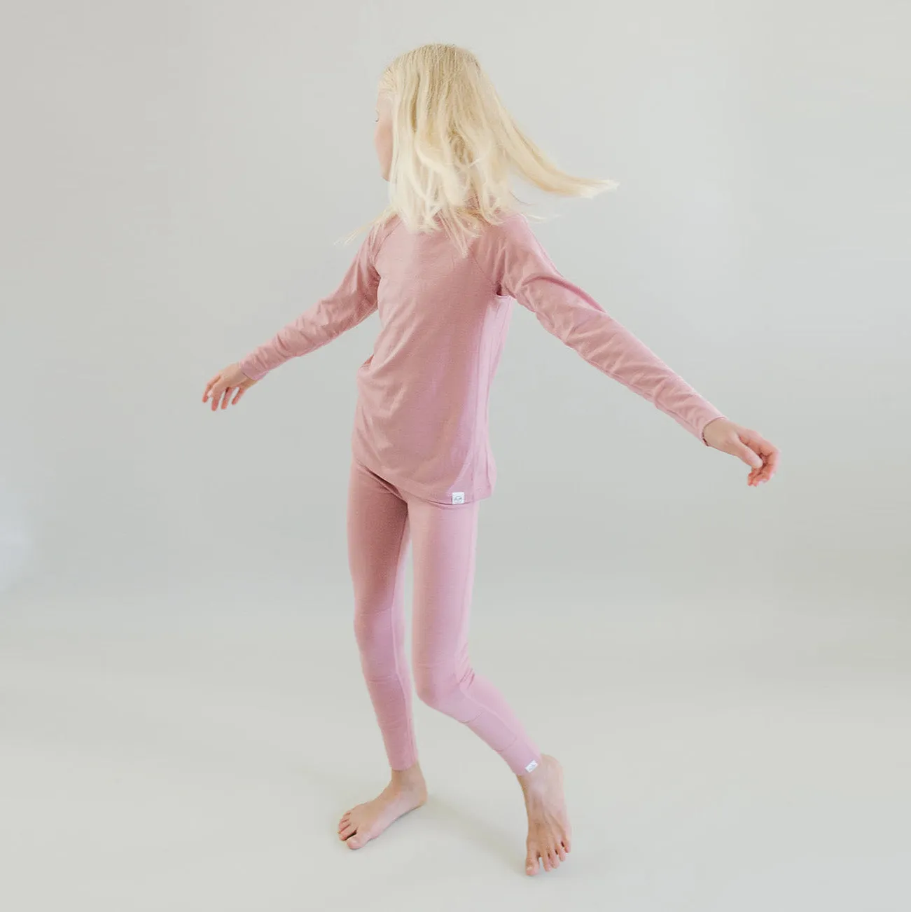 Kids Merino Wool Base Layer, Long Sleeve Top, Blush Pink