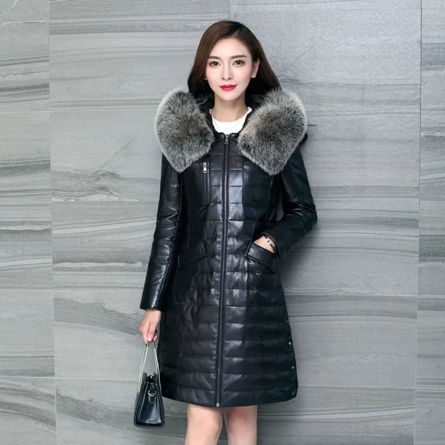 Luxury Genuine Sheepskin Leather Suede Down Parkas Coat Jacket Fox Fur Hoody Autumn Winter Women Warm Outerwear Coats