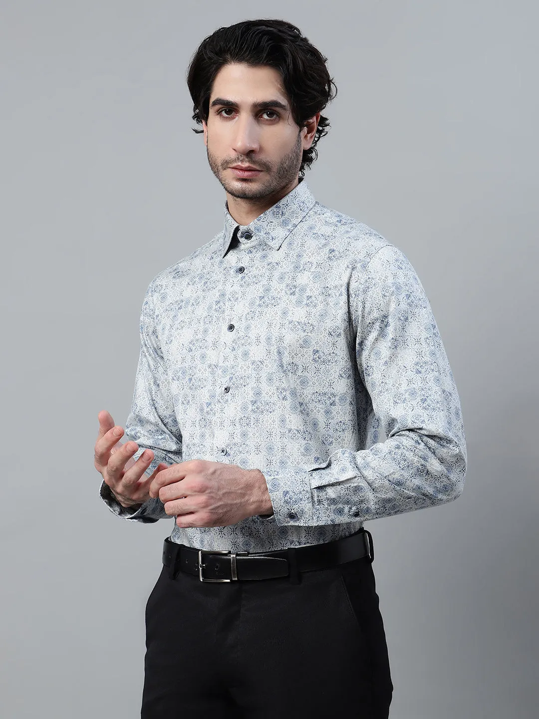 Men's Grey Printed Full Sleeve Partywear Shirt